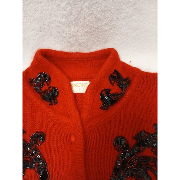 Beaded Vintage SILK ANGORA Cardigan Sz MP Red Black Sequin Soft Sweater Party - Picture 8 of 16